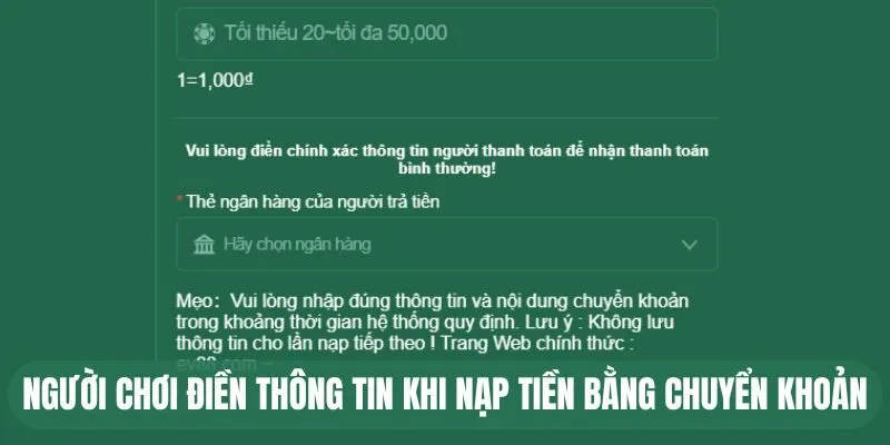 Người chơi điền thông tin khi nạp tiền bằng chuyển khoản